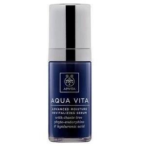 Dunkelblaue Flasche mit silbernem Deckel. Aufschrift: Apivita Aqua Vita Advanced Moisture Revitalizing Serum.