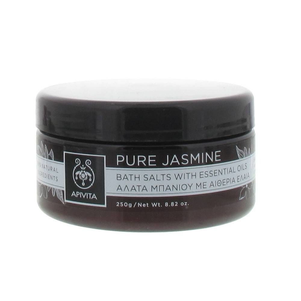 Ronde pot met zwart deksel. Opschrift: Pure Jasmine, badzout met essentiële oliën. Merk: APIVITA.
