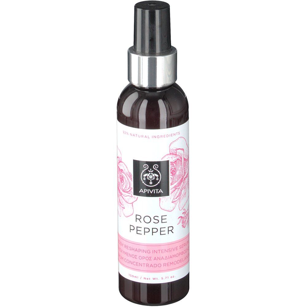 Braune Flasche mit schwarzem Sprühkopf und silbernem Kragen. Etikett mit Logo, Produktname und floralem Design. Text: Rose Pepper.