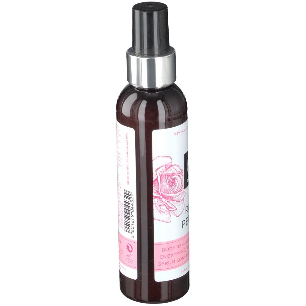 Braune Flasche mit schwarzem Sprühkopf. Etikett mit Logo, Produktname und floralem Design. Rosa Akzent. Text: Rose Pepper.