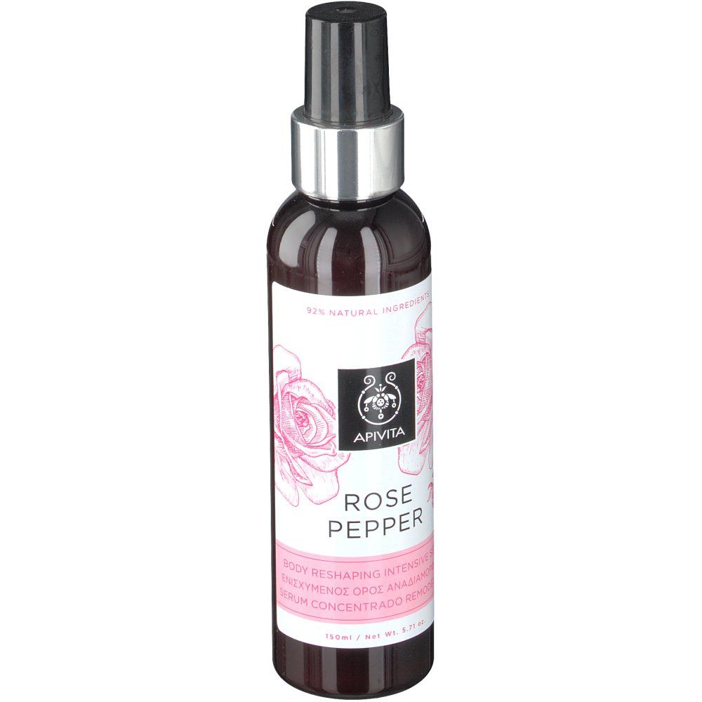 Braune Flasche mit schwarzem Sprühkopf. Etikett mit Logo, Produktname und floralem Design. Rosa Akzent. Text: Rose Pepper.