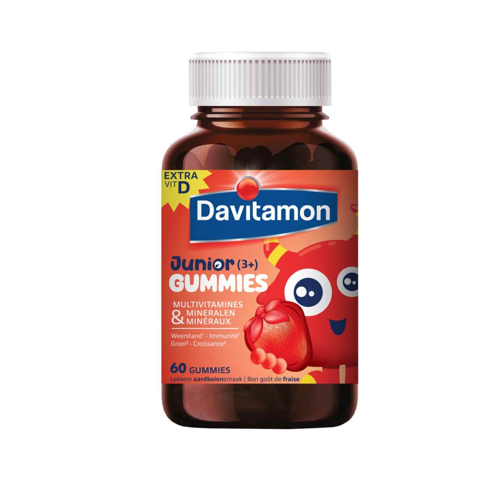 Flacon Davitamon Junior Gummies. Étiquette avec nom du produit, personnage de dessin animé et goût fraise.