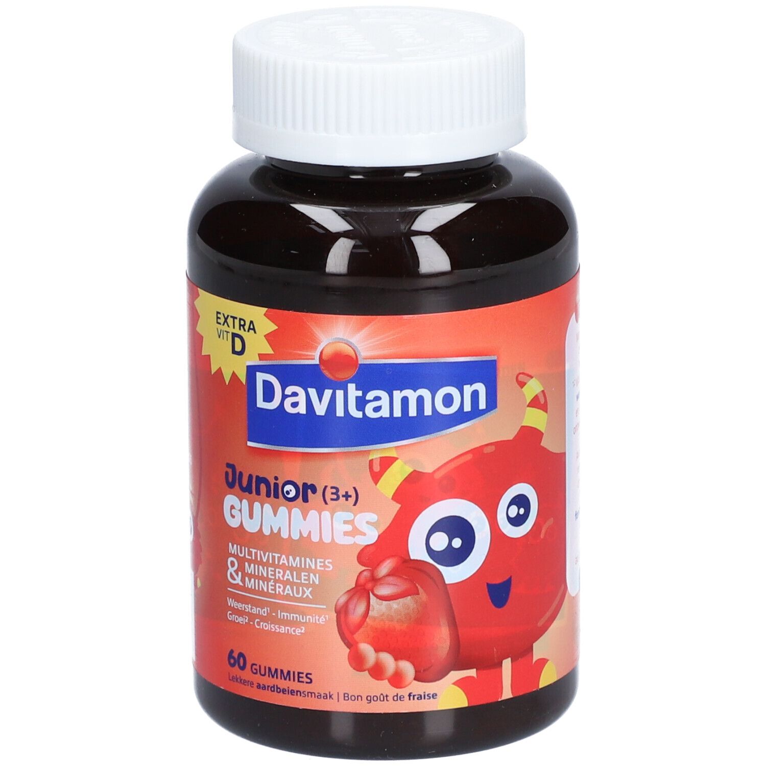 Flacon brun Davitamon Junior Gummies. Étiquette avec nom du produit, personnage de dessin animé et goût fraise.