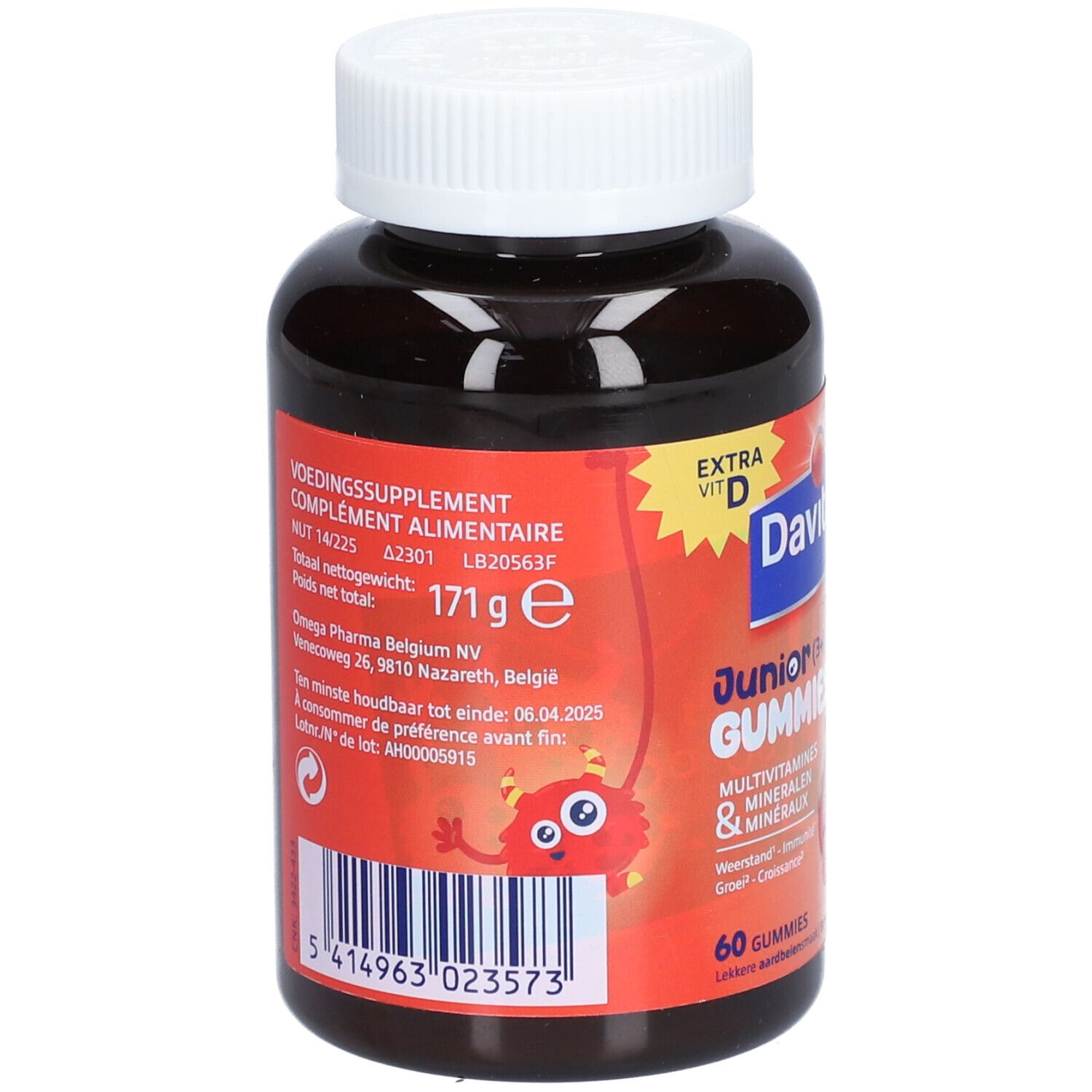 Dos du flacon Davitamon Junior Gummies. Contient des informations sur les ingrédients et le fabricant.