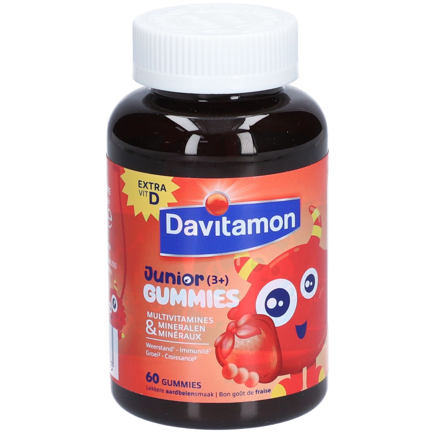 Flacon Davitamon Junior Gummies. Étiquette avec nom du produit, personnage de dessin animé et goût fraise.