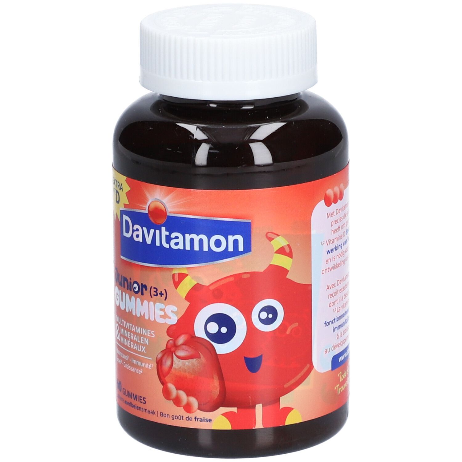 Flacon Davitamon Junior Gummies. Étiquette avec nom du produit, personnage de dessin animé et goût fraise.