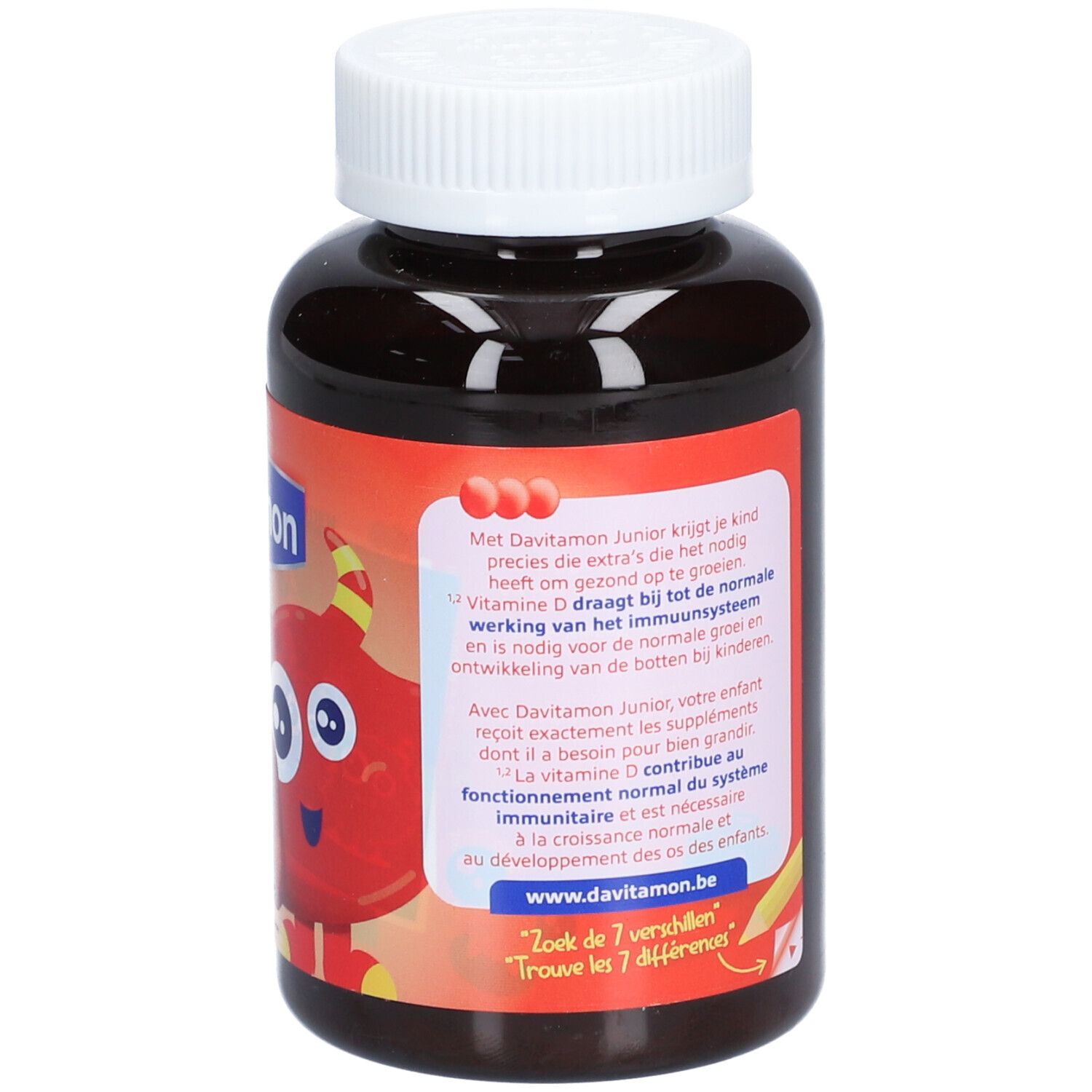 Dos du flacon Davitamon Junior Gummies. Texte sur les avantages et les ingrédients.