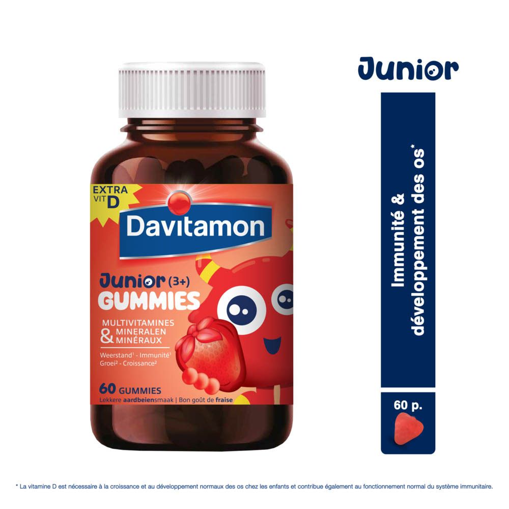 Flacon Davitamon Junior Gummies. Étiquette avec nom du produit, personnage de dessin animé et goût fraise.