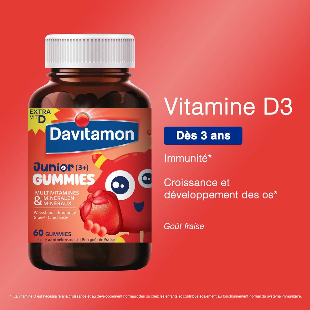 Flacon Davitamon Junior Gummies. Étiquette avec nom du produit, personnage de dessin animé et goût fraise.