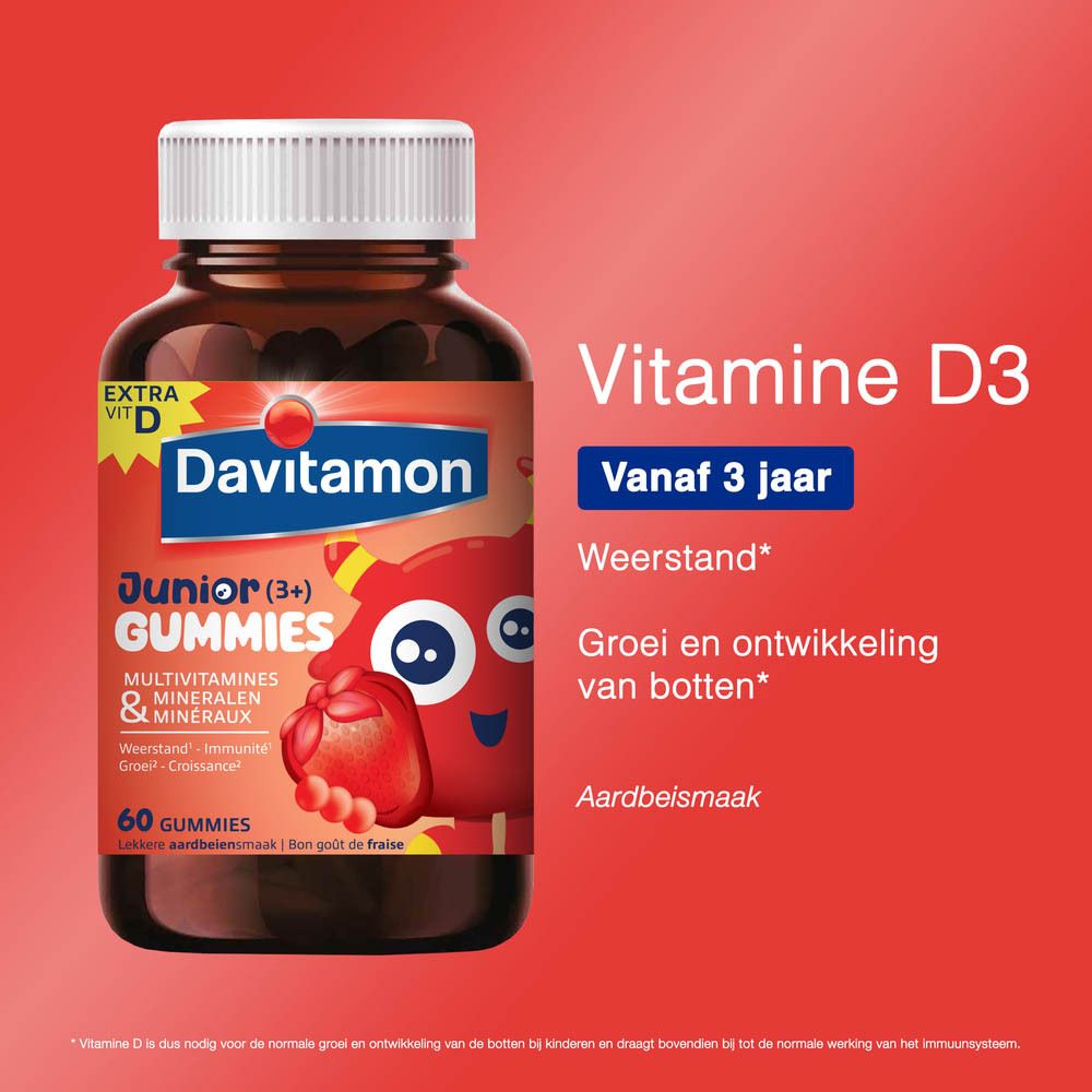 Davitamon Junior Gummies fles. Etiket met productnaam, cartoonfiguur en aardbeiensmaak.
