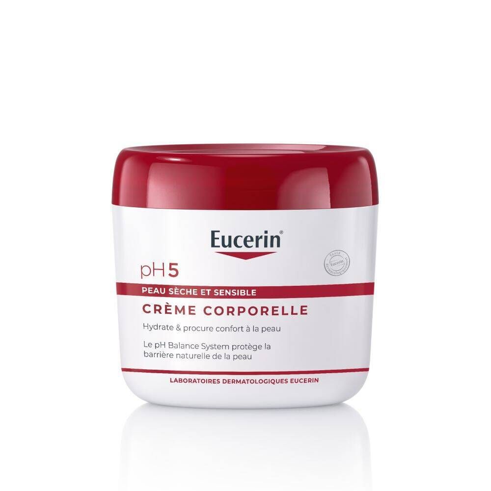 Pot de crème Eucerin pH5, couvercle rouge. Texte: Crème corporelle.