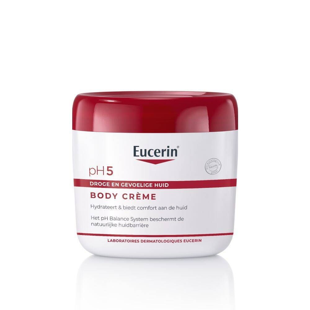 Potje Eucerin pH5 Body Crème met rode deksel. Tekst: Body Crème.