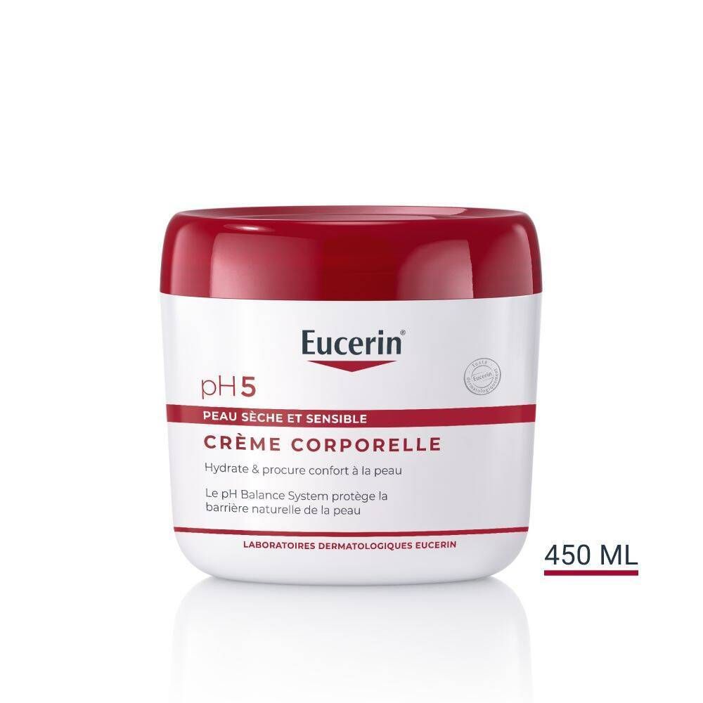 Pot de crème Eucerin pH5, couvercle rouge. Texte: Crème corporelle.