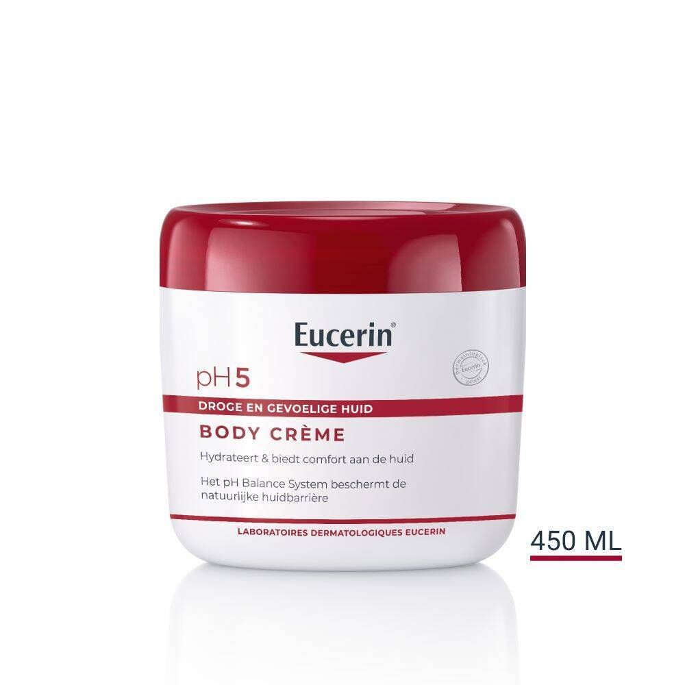 Potje Eucerin pH5 Body Crème met rode deksel. Tekst: Body Crème.