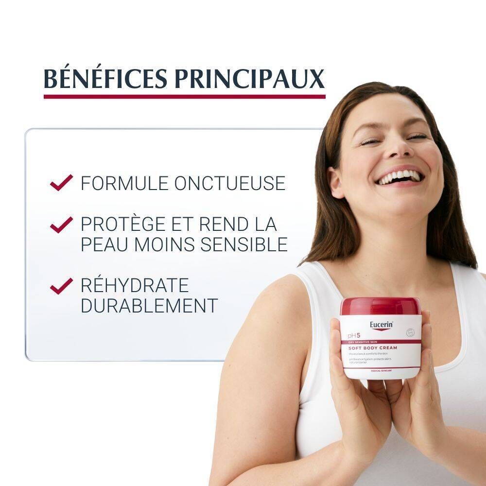 Femme tient crème Eucerin pH5. Textes: Formule onctueuse, Protège la peau, Réhydrate.