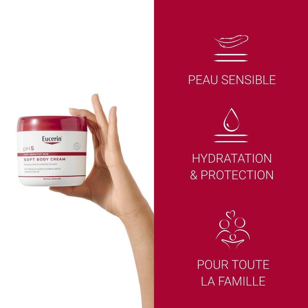 Main tient crème Eucerin pH5. Textes: Peau sensible, Hydratation, Pour toute la famille.