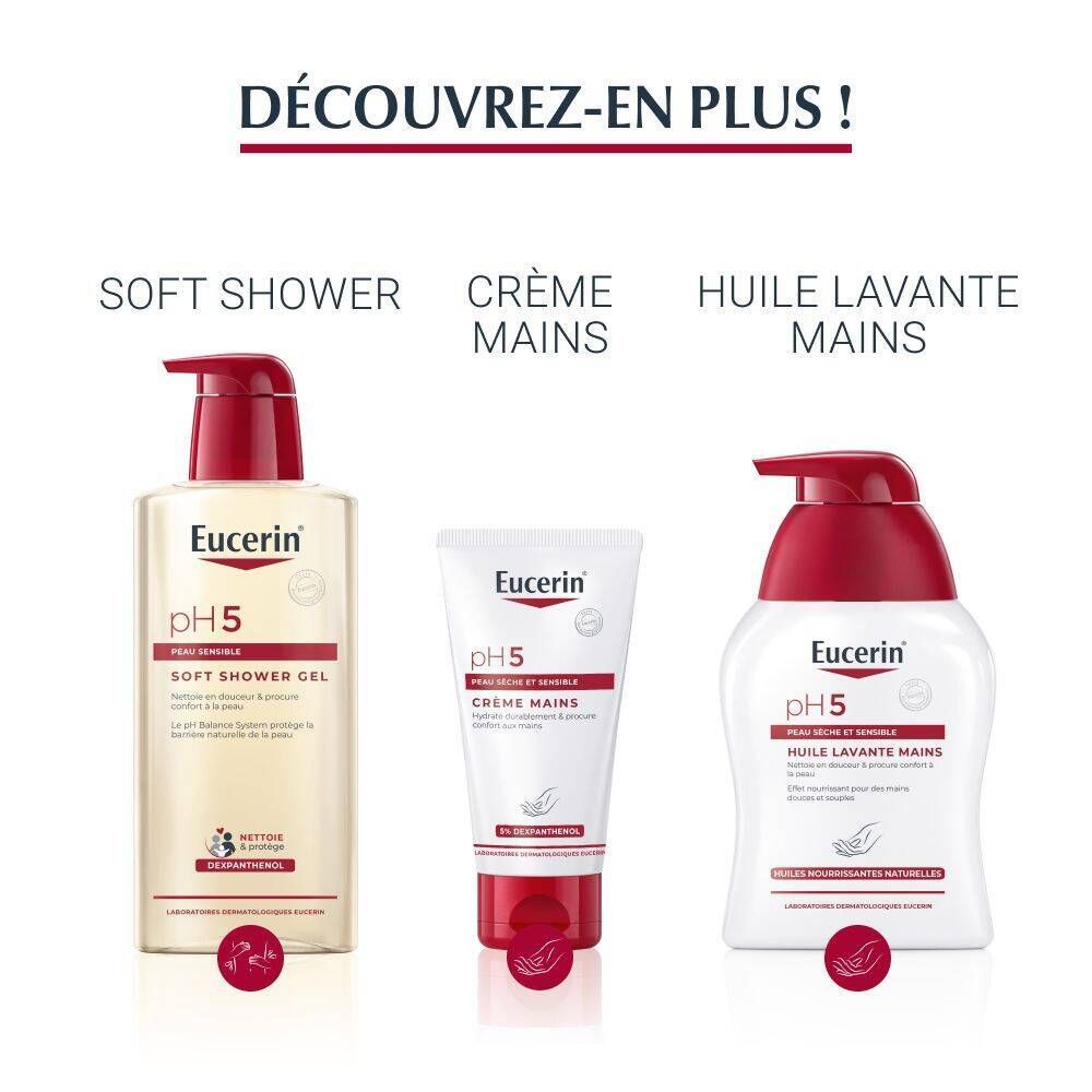 Produits Eucerin pH5: Soft Shower, Crème Mains, Huile Lavante Mains.