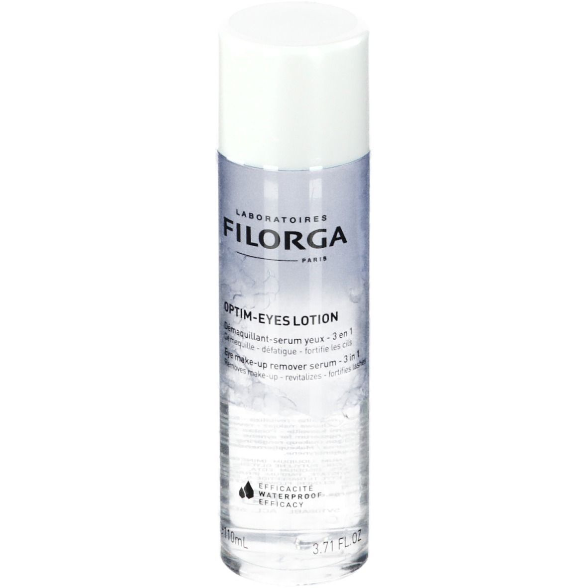 Flacon cylindrique avec bouchon blanc. Inscription: FILORGA, OPTIM-EYES LOTION. Contient 110ml. Résistant à l'eau.