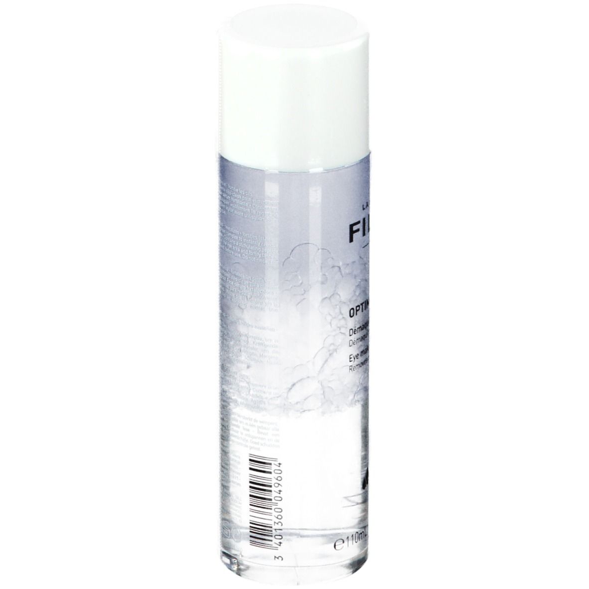 Flacon cylindrique avec bouchon blanc. Inscription: FILORGA, OPTIM-EYES LOTION. Contient 110ml. Résistant à l'eau.