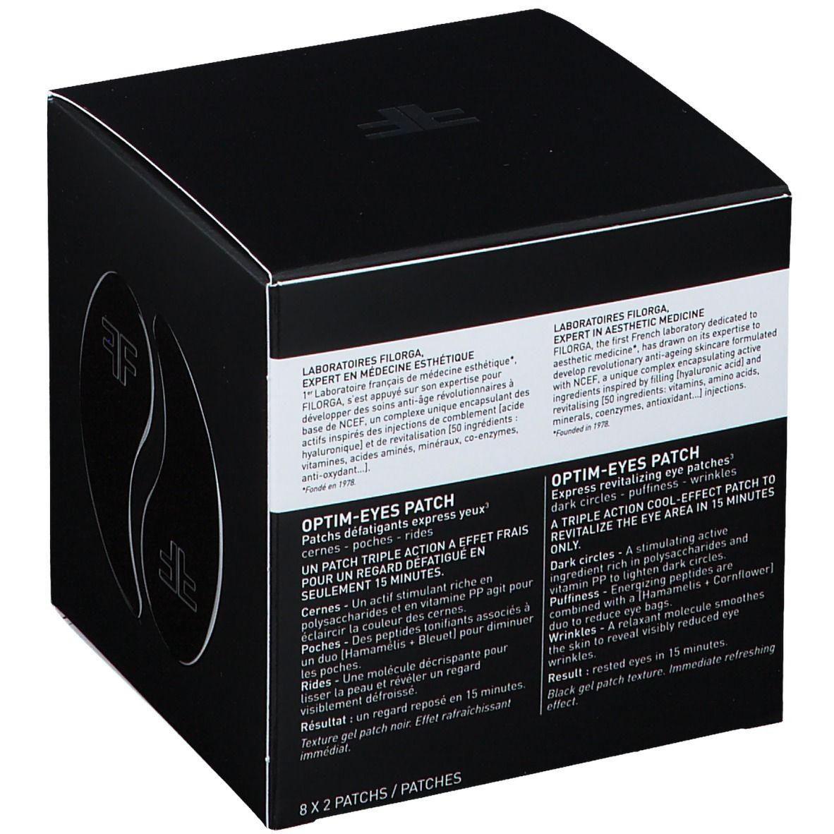 Boîte noire avec informations produit. Texte: Optim-Eyes Patch, 8x2 patches.