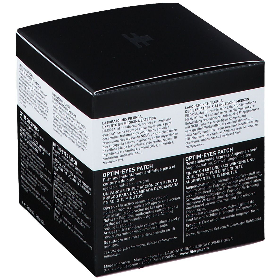 Boîte noire avec informations produit. Texte: Optim-Eyes Patch, 8x2 patches.