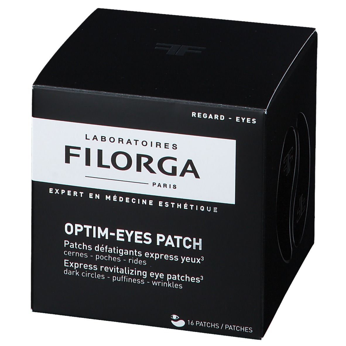 Boîte noire Filorga. Texte: Optim-Eyes Patch, 16 patches.