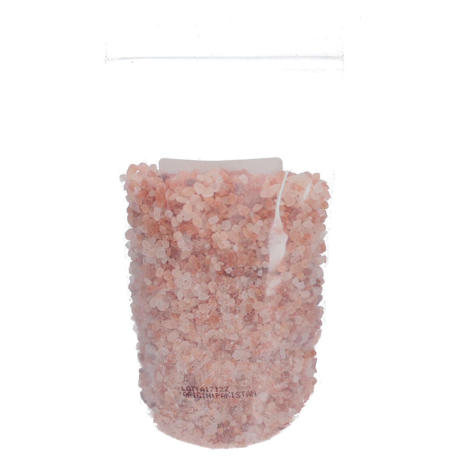 Transparante verpakking met grof roze Himalaya zout. Achterkant met tekst.