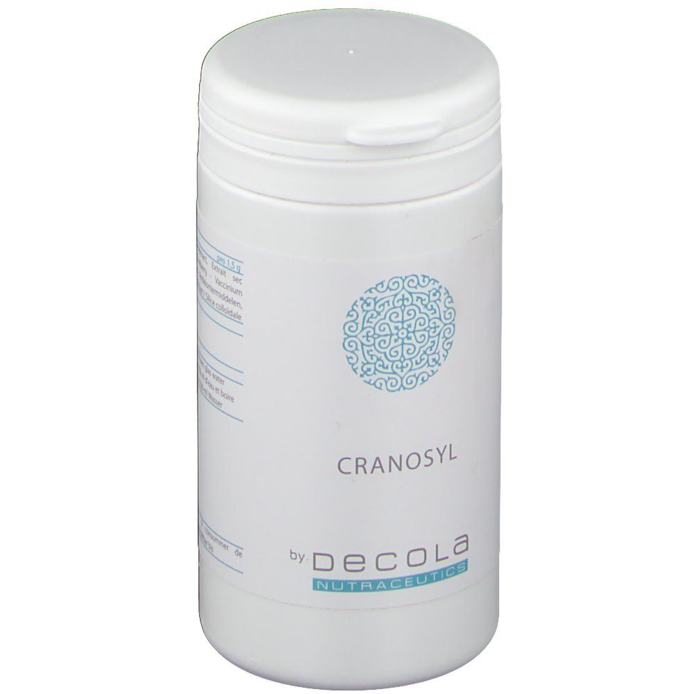 Boîte blanche avec couvercle. Inscription "CRANOSYL" et "by Decola Nutraceutics". Motif bleu.