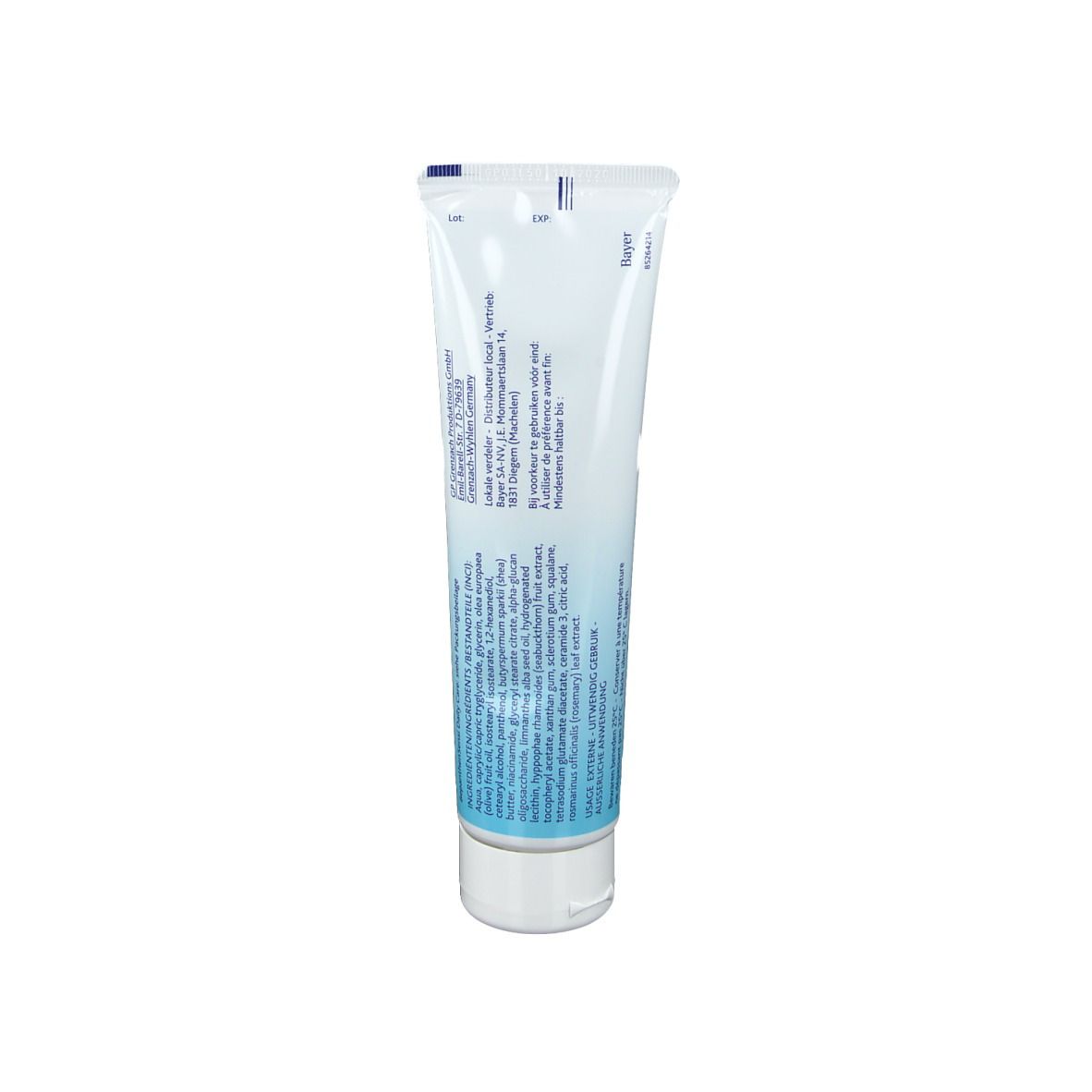 Dos du tube de crème BepanthenSensi Daily Care. Texte en plusieurs langues.