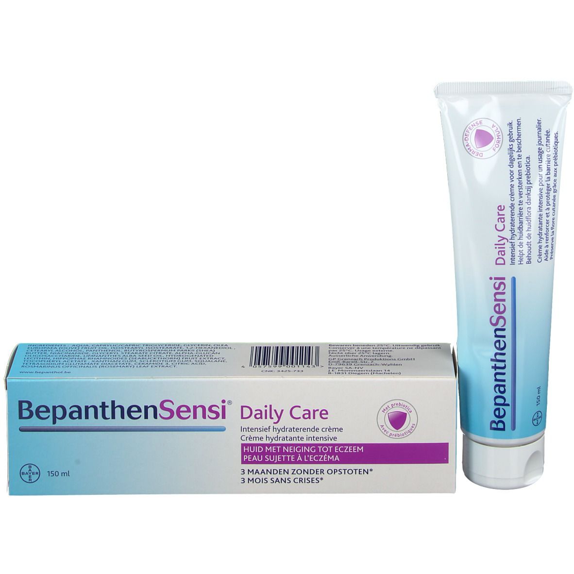 Crème et emballage BepanthenSensi Daily Care. Blanc, bleu et violet. Nom et logo du produit.