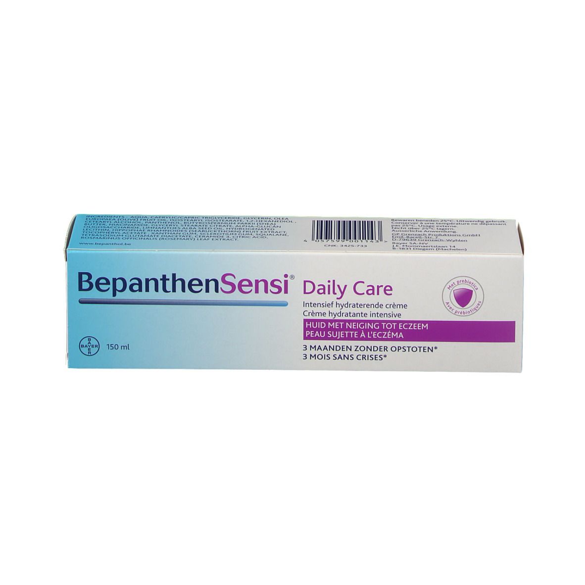 Emballage BepanthenSensi Daily Care. Blanc, bleu et violet. Nom, logo et texte du produit.