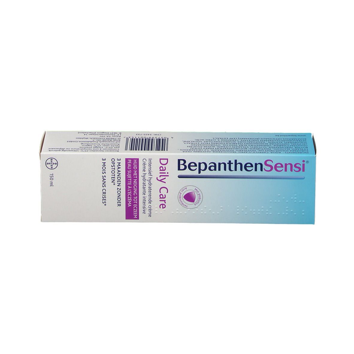 Emballage BepanthenSensi Daily Care. Face avant avec nom, logo et texte du produit.
