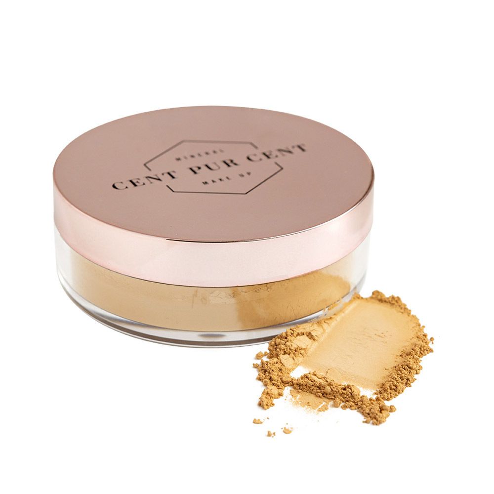 Pot de poudre minérale libre. Couvercle rose avec texte. Poudre à côté.