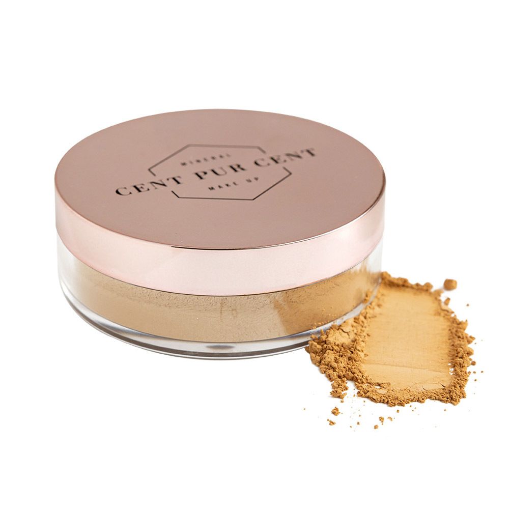 Pot losse minerale foundation. Deksel met logo. Poeder ernaast.