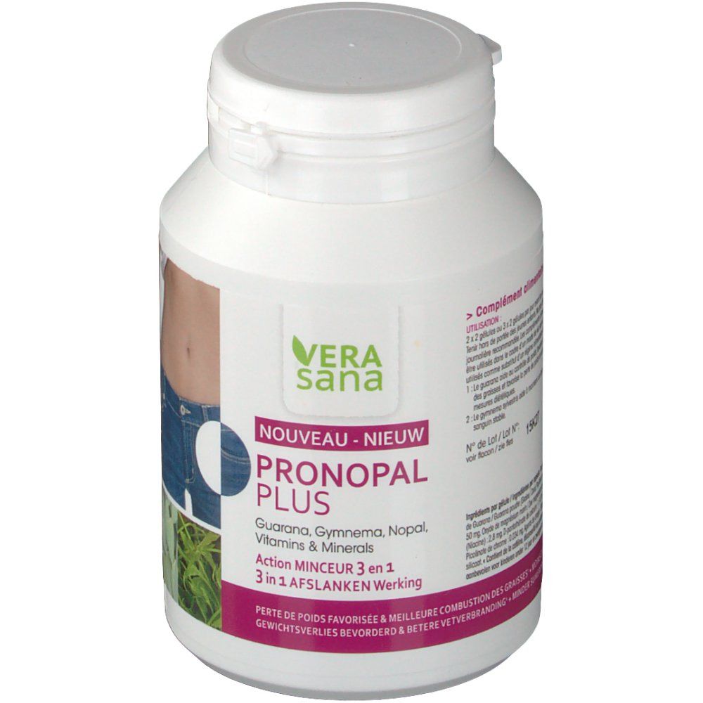 Flacon blanc avec étiquette "Vera sana Pronopal Plus". Contient guarana, gymnema, nopal, vitamines et minéraux. "Action Minceur 3 en 1".