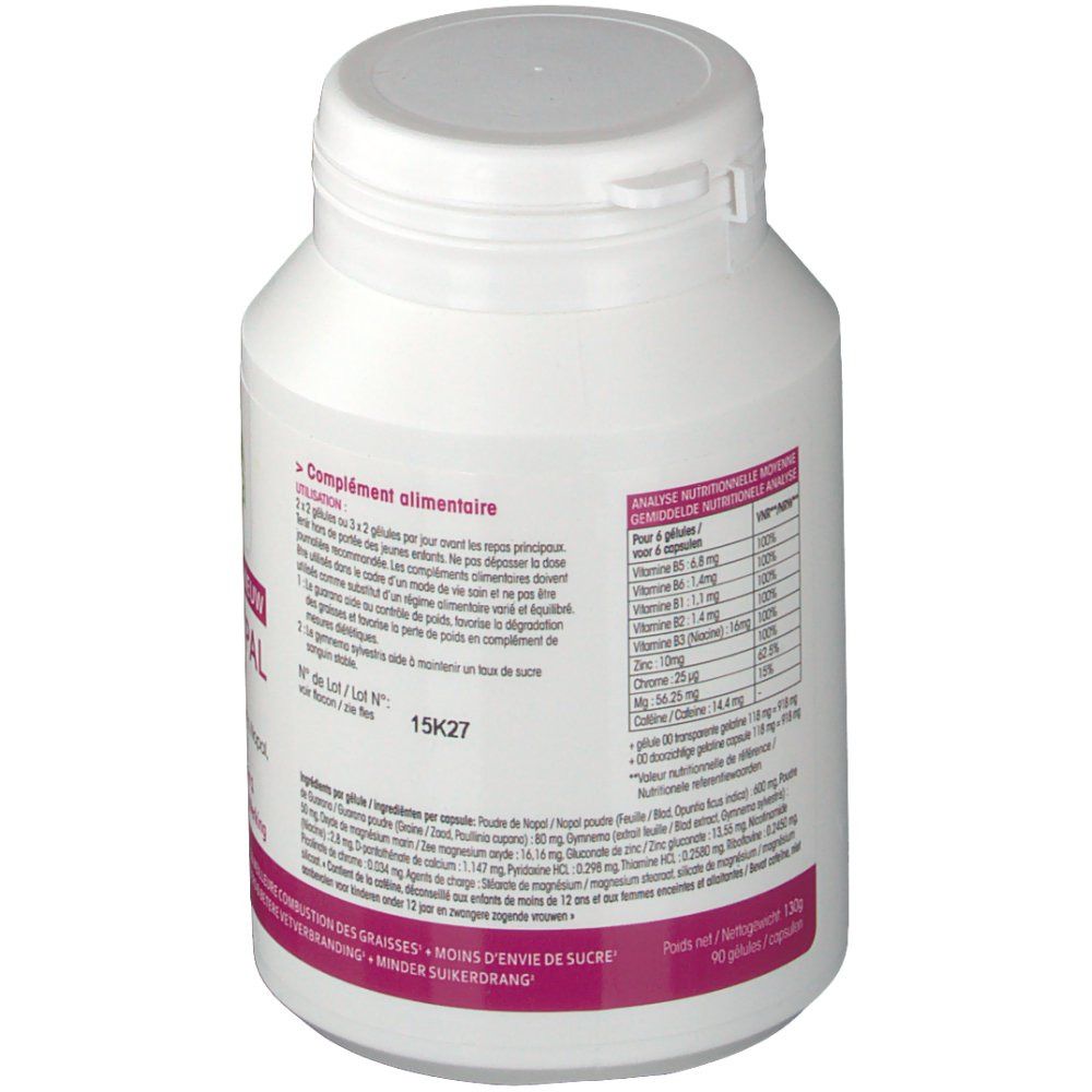 Flacon blanc avec étiquette "Vera sana Pronopal Plus". Contient informations nutritionnelles et ingrédients. Bouchon à charnière.