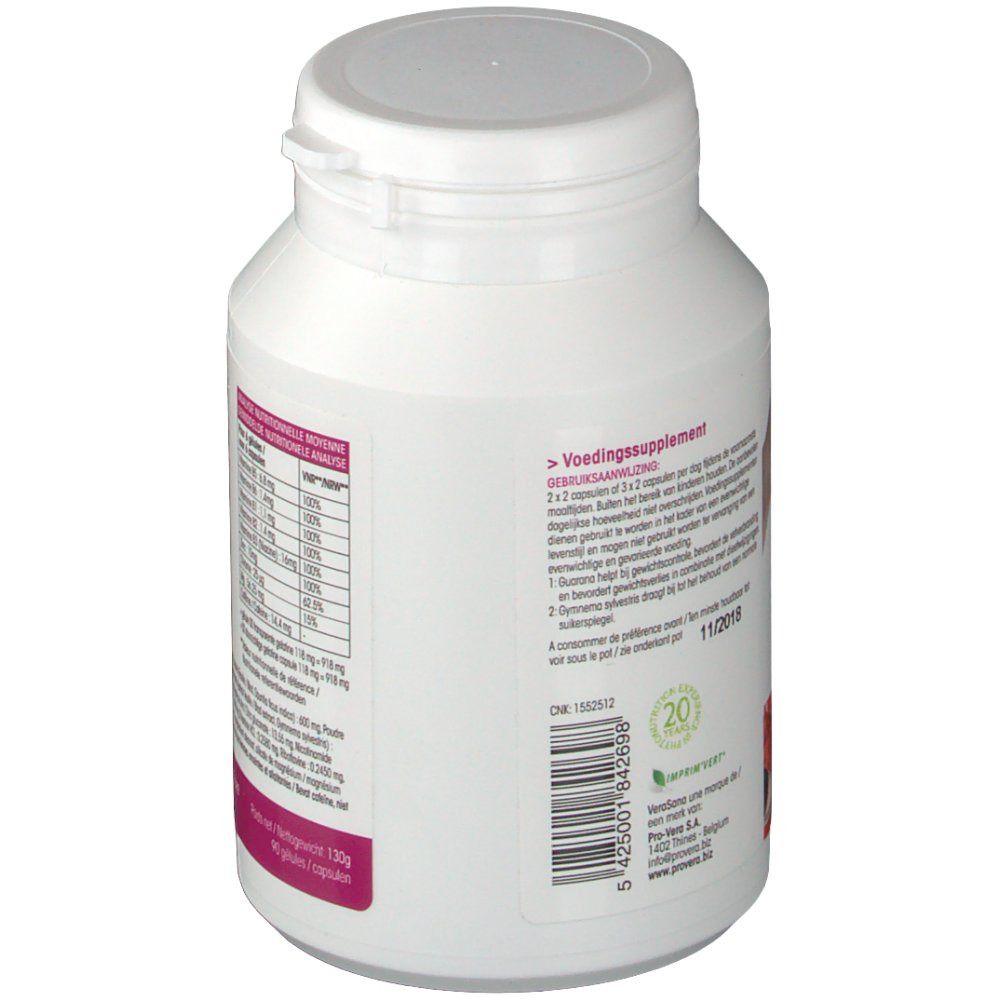 Flacon blanc avec étiquette "Vera sana Pronopal Plus". Contient informations nutritionnelles et ingrédients. Logo garantie 20 ans.