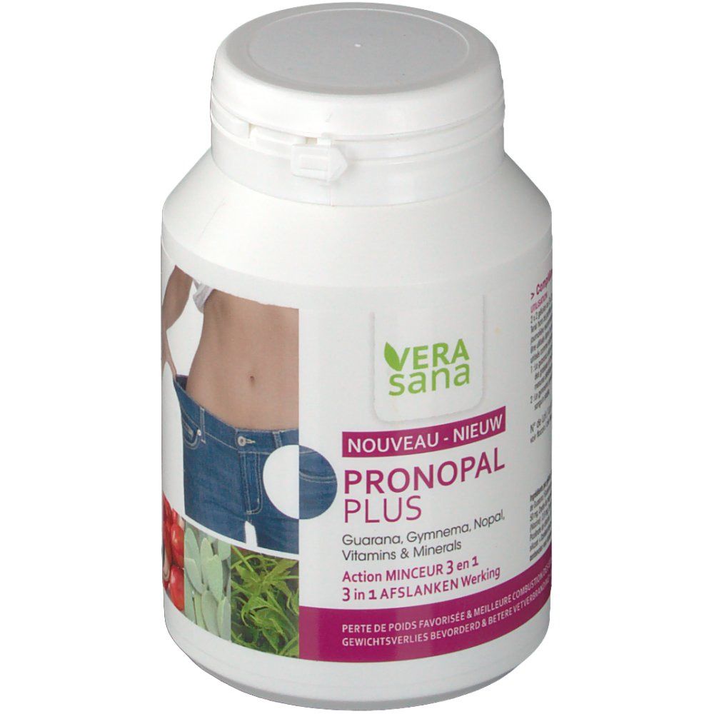 Flacon blanc avec étiquette "Vera sana Pronopal Plus". Contient guarana, gymnema, nopal, vitamines et minéraux. "Action Minceur 3 en 1".