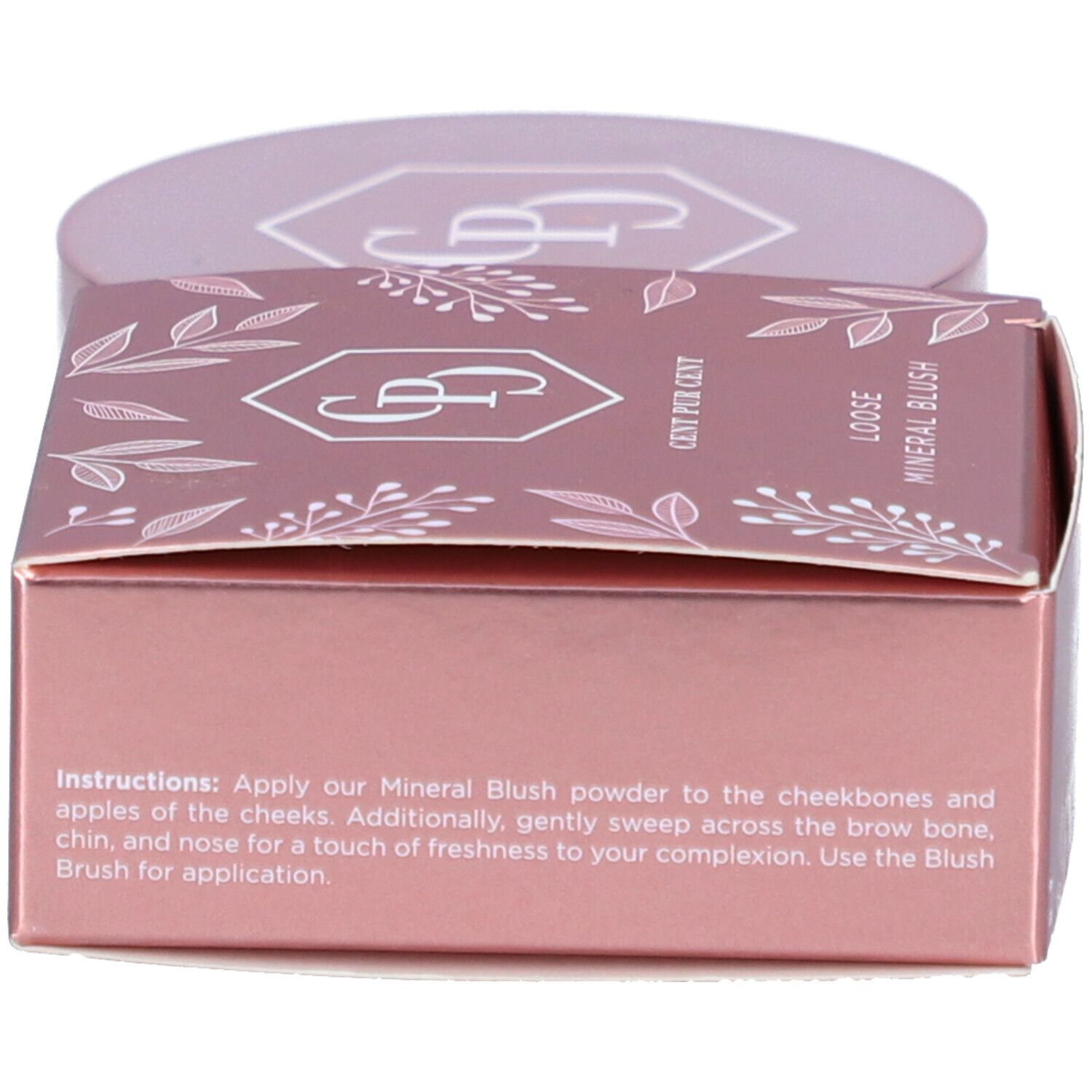 Cent Pur Cent Loose Mineral Rouge Pêche. Karton mit Produktinformationen. Rosa Verpackung mit Text.