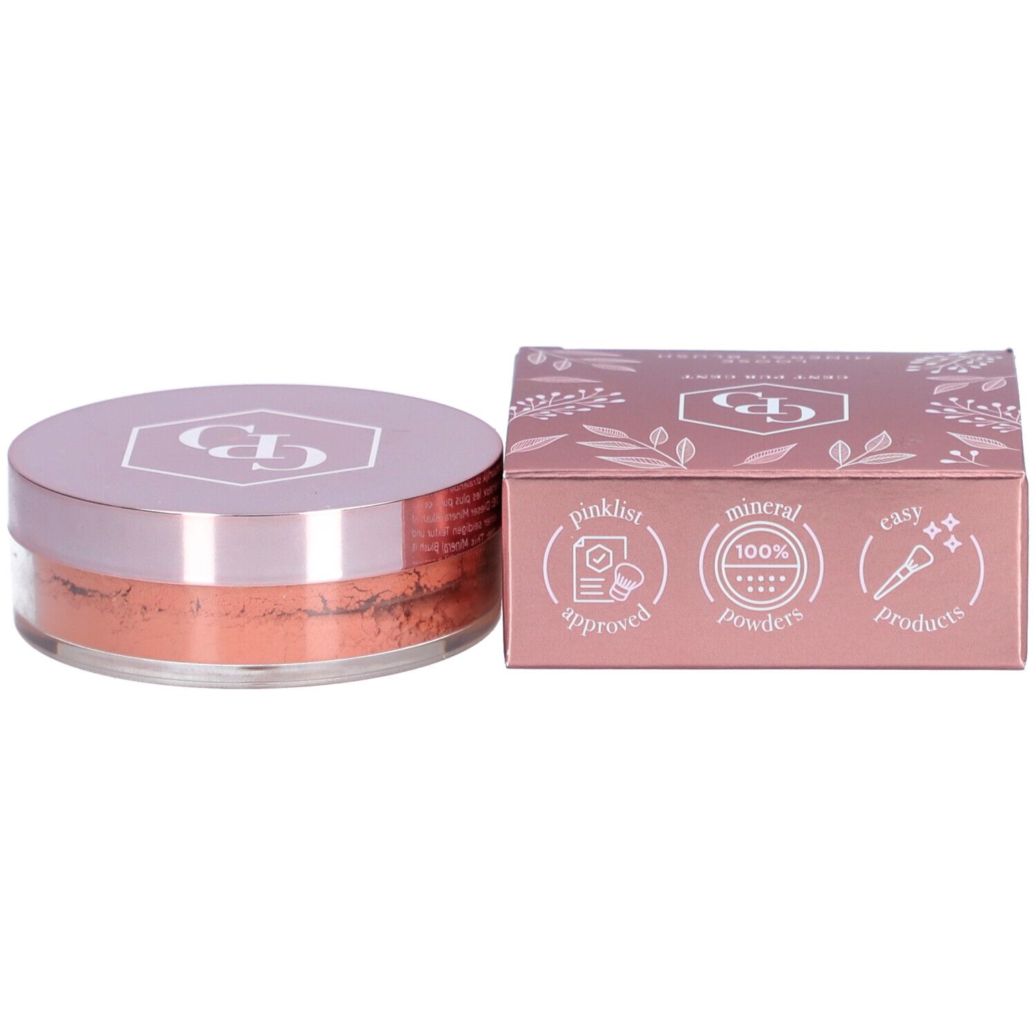 Cent Pur Cent Loose Mineral Rouge Pêche. Dose mit losem Puder und Karton. Rosa Verpackung mit Produktinformationen.