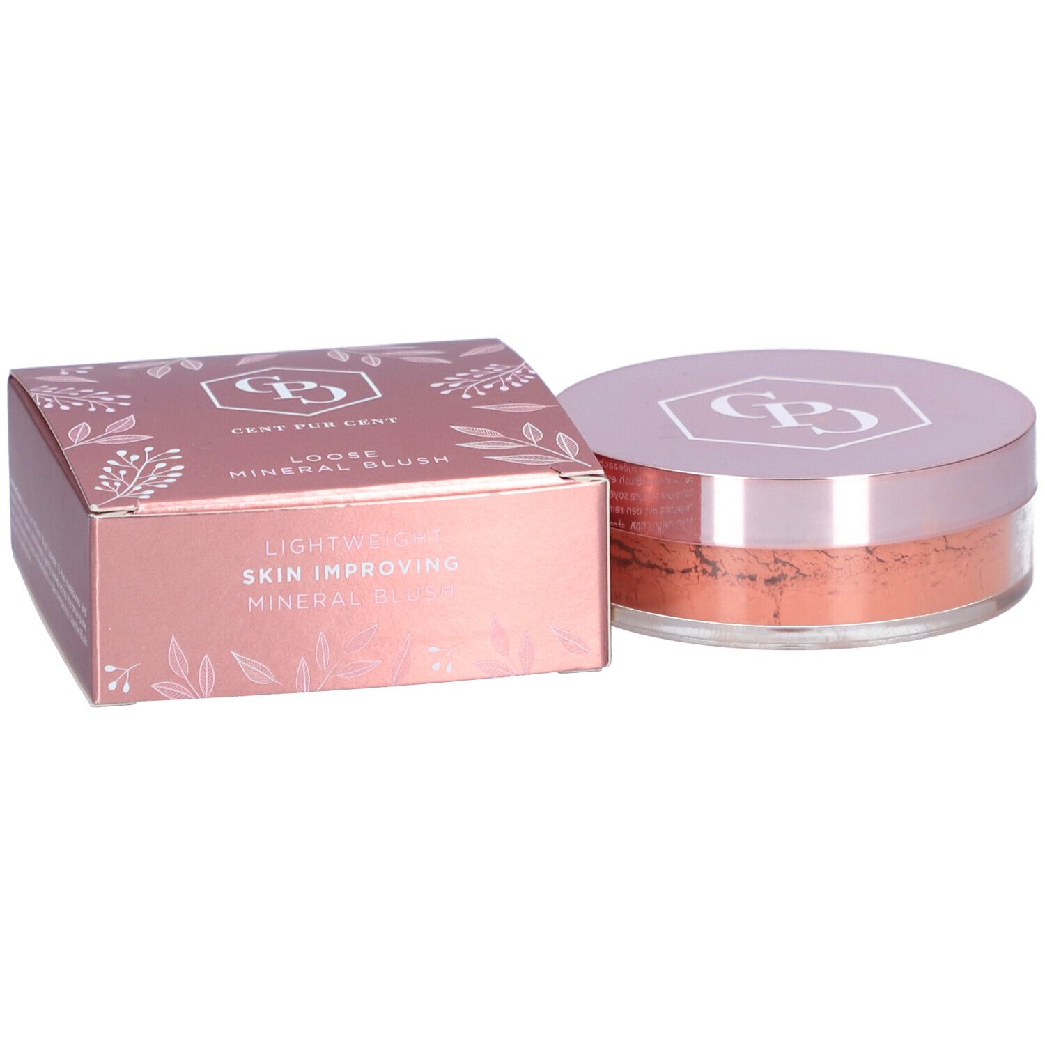 Cent Pur Cent Loose Mineral Rouge Pêche. Dose mit losem Puder und Karton. Rosa Verpackung mit Produktnamen.