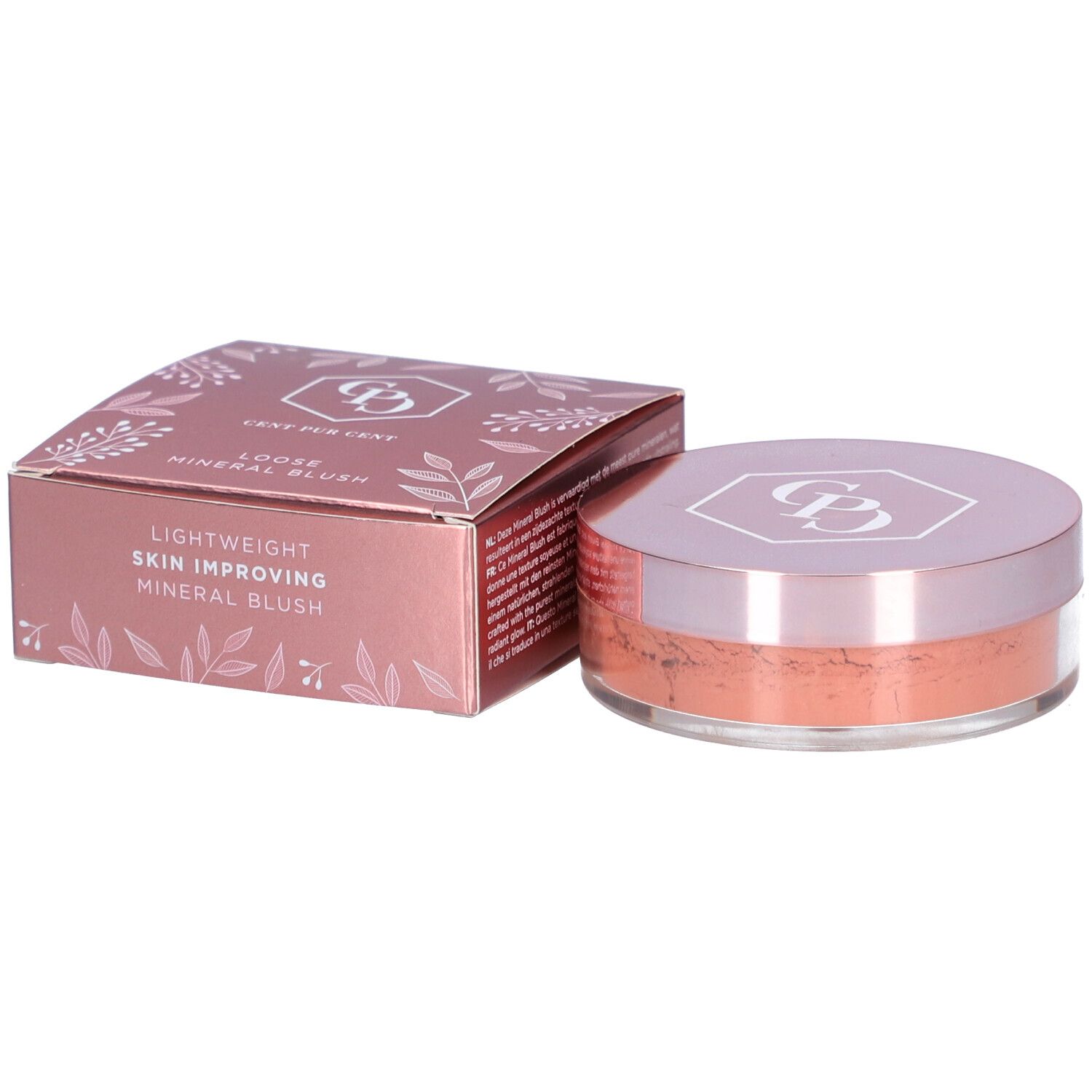 Cent Pur Cent Loose Mineral Rouge Pêche. Dose mit losem Puder und Karton. Rosa Verpackung mit Produktinformationen.