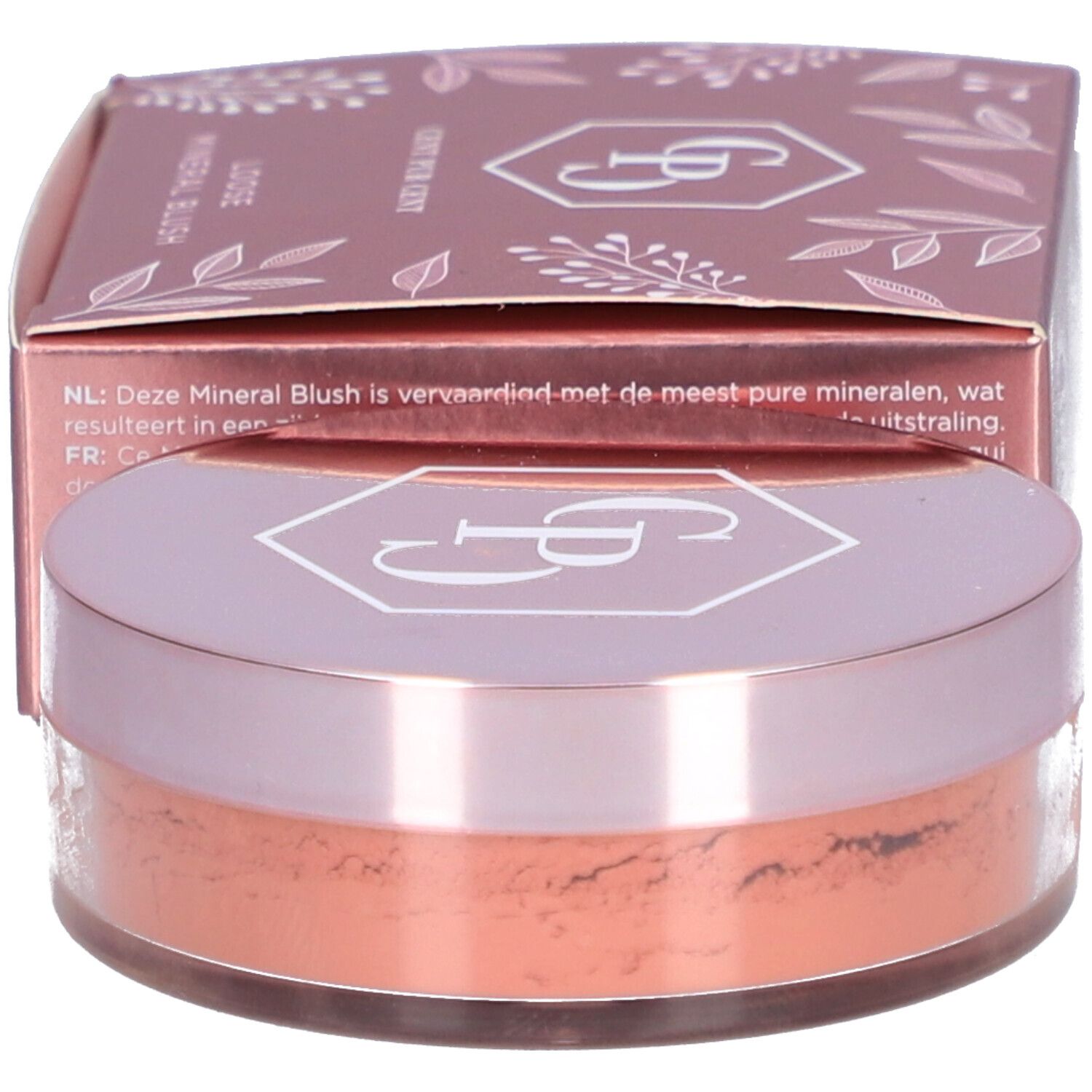 Cent Pur Cent Loose Mineral Rouge Pêche. Dose mit losem Puder. Rosa Verpackung mit Text.