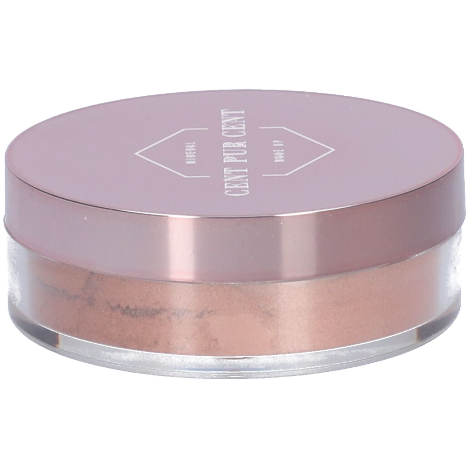 Récipient rond avec couvercle rose. Inscription : CENT PUR CENT. Contenu : poudre libre bronze.