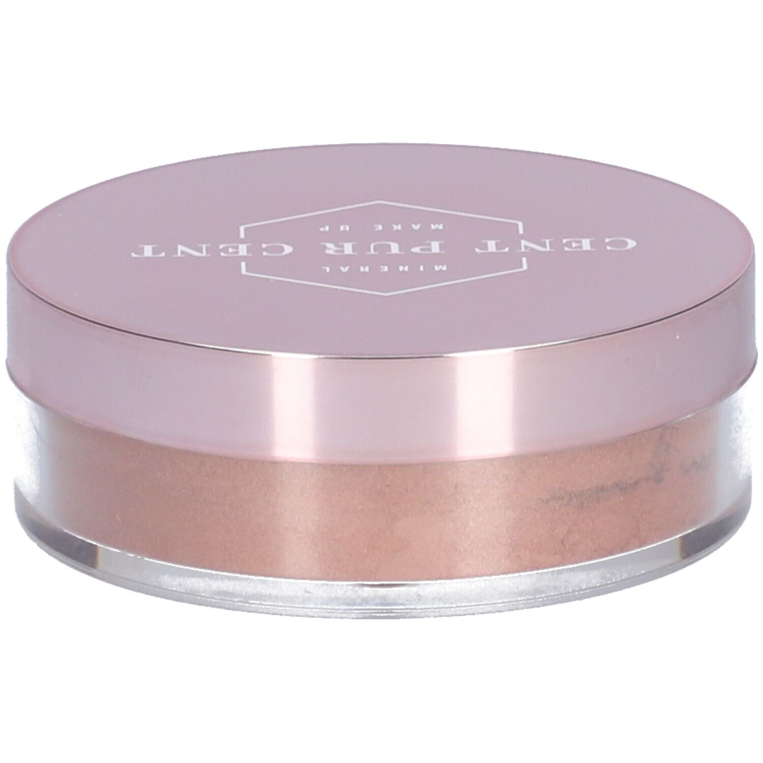 Récipient rond avec couvercle rose. Inscription : CENT PUR CENT. Contenu : poudre libre bronze.