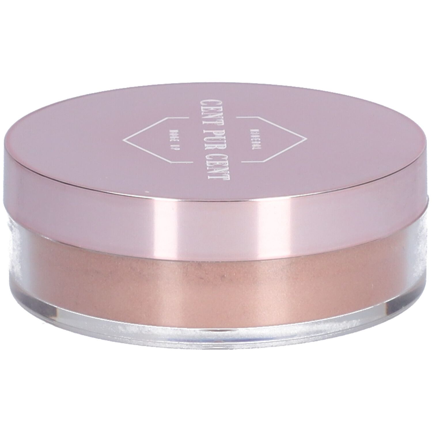 Récipient rond avec couvercle rose. Inscription : CENT PUR CENT. Contenu : poudre libre bronze.