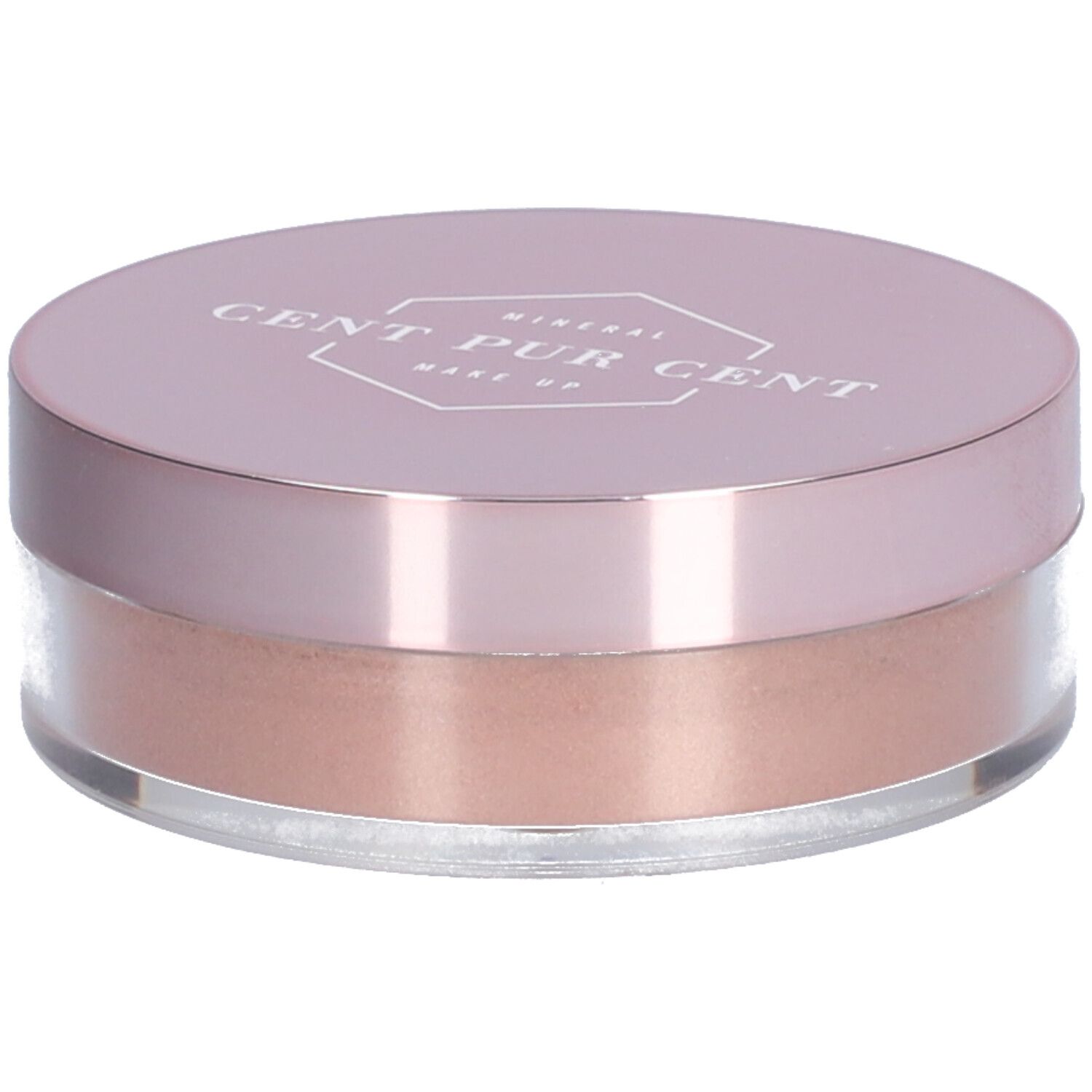 Récipient rond avec couvercle rose. Inscription : CENT PUR CENT. Contenu : poudre libre bronze.