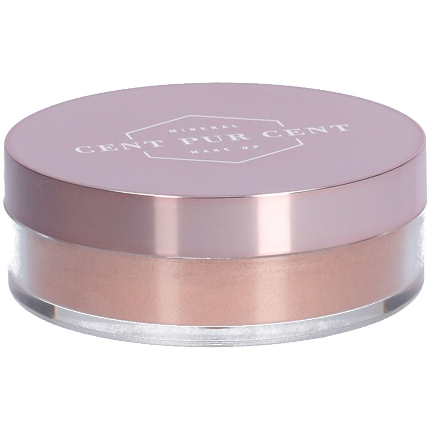 Récipient rond avec couvercle rose. Inscription : CENT PUR CENT. Contenu : poudre libre bronze.