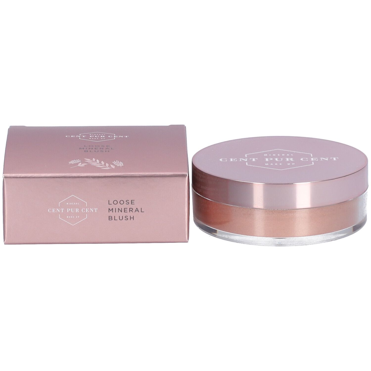 Emballage et pot. Inscription : CENT PUR CENT. Blush minéral libre. Pot avec couvercle rose.