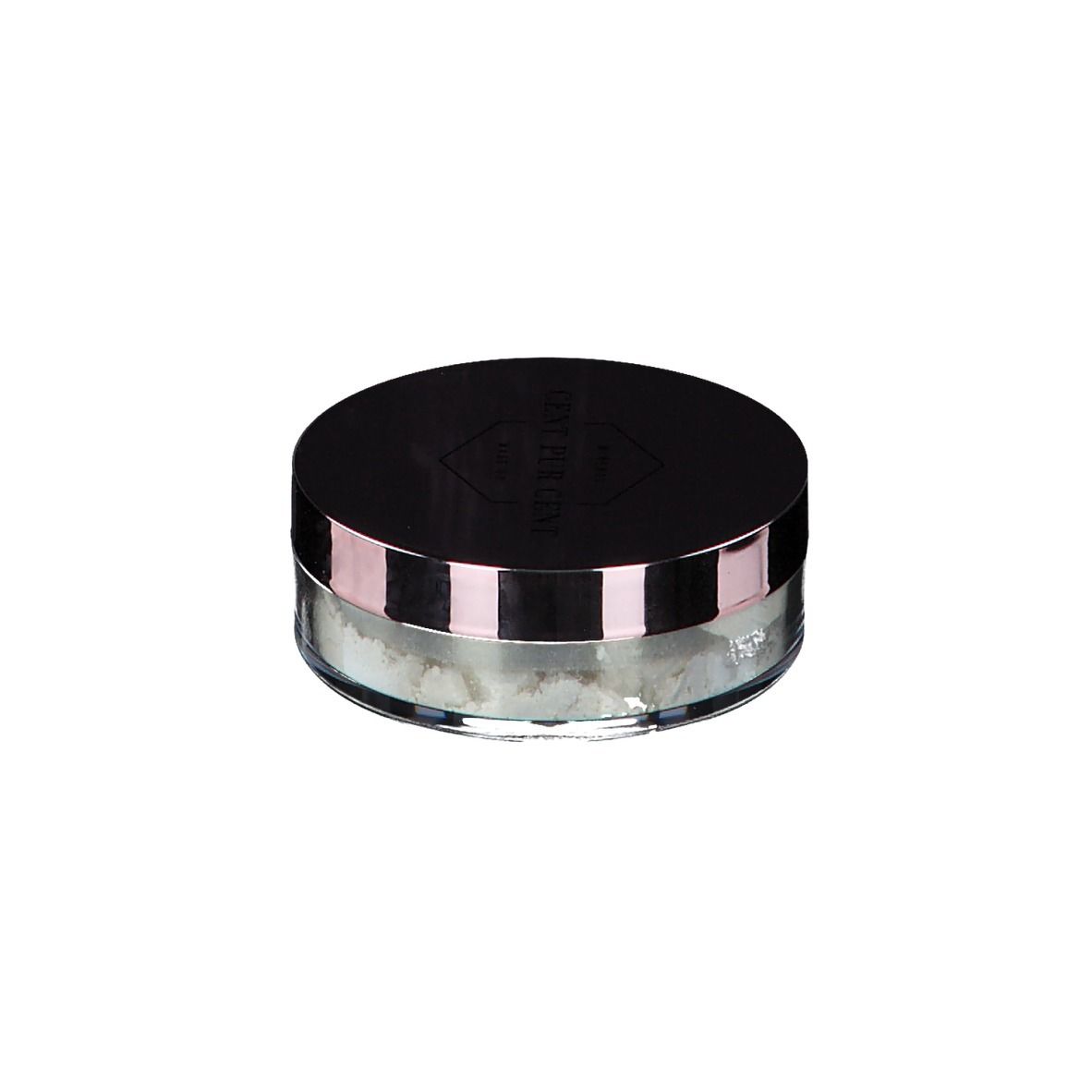 Récipient rond de poudre libre. Couvercle noir bordé de rose. Récipient en verre.
